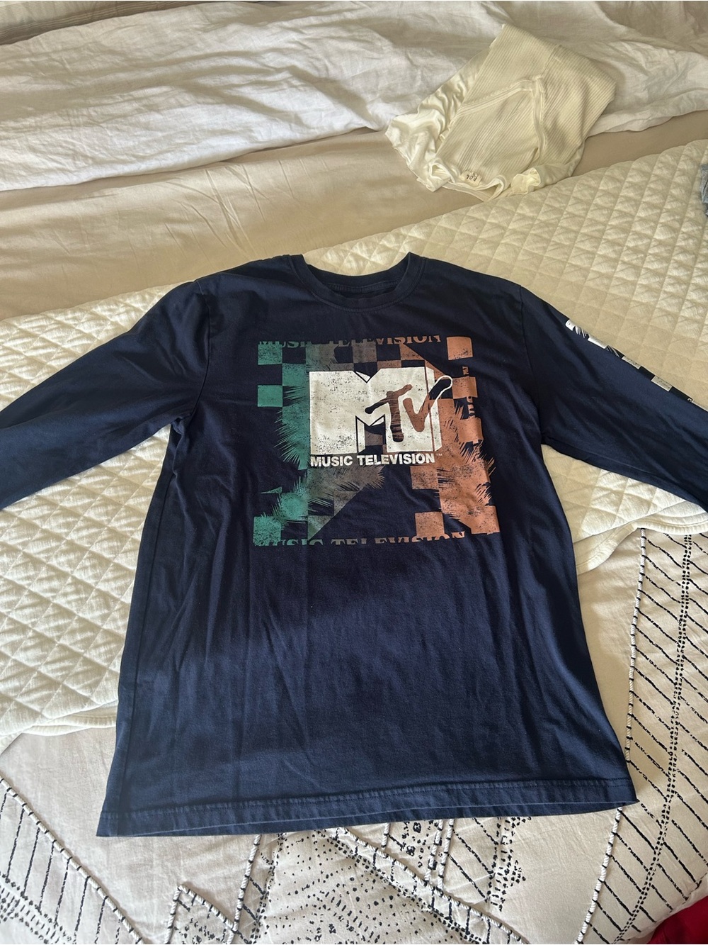 MTV Navy Long Sleeve Tee with Green & Orange Graphic